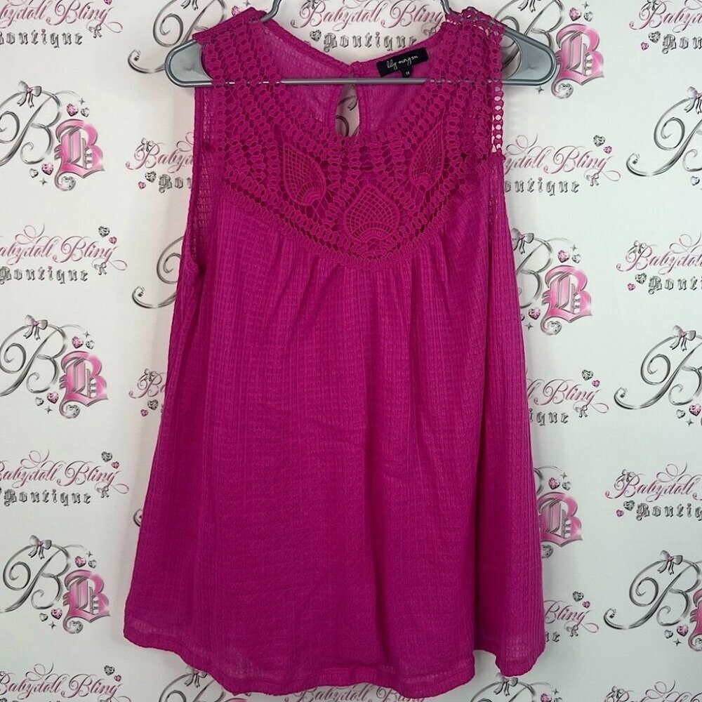 Lily Morgan tank top flowy Elegant Magenta Crochet Detail Blouse